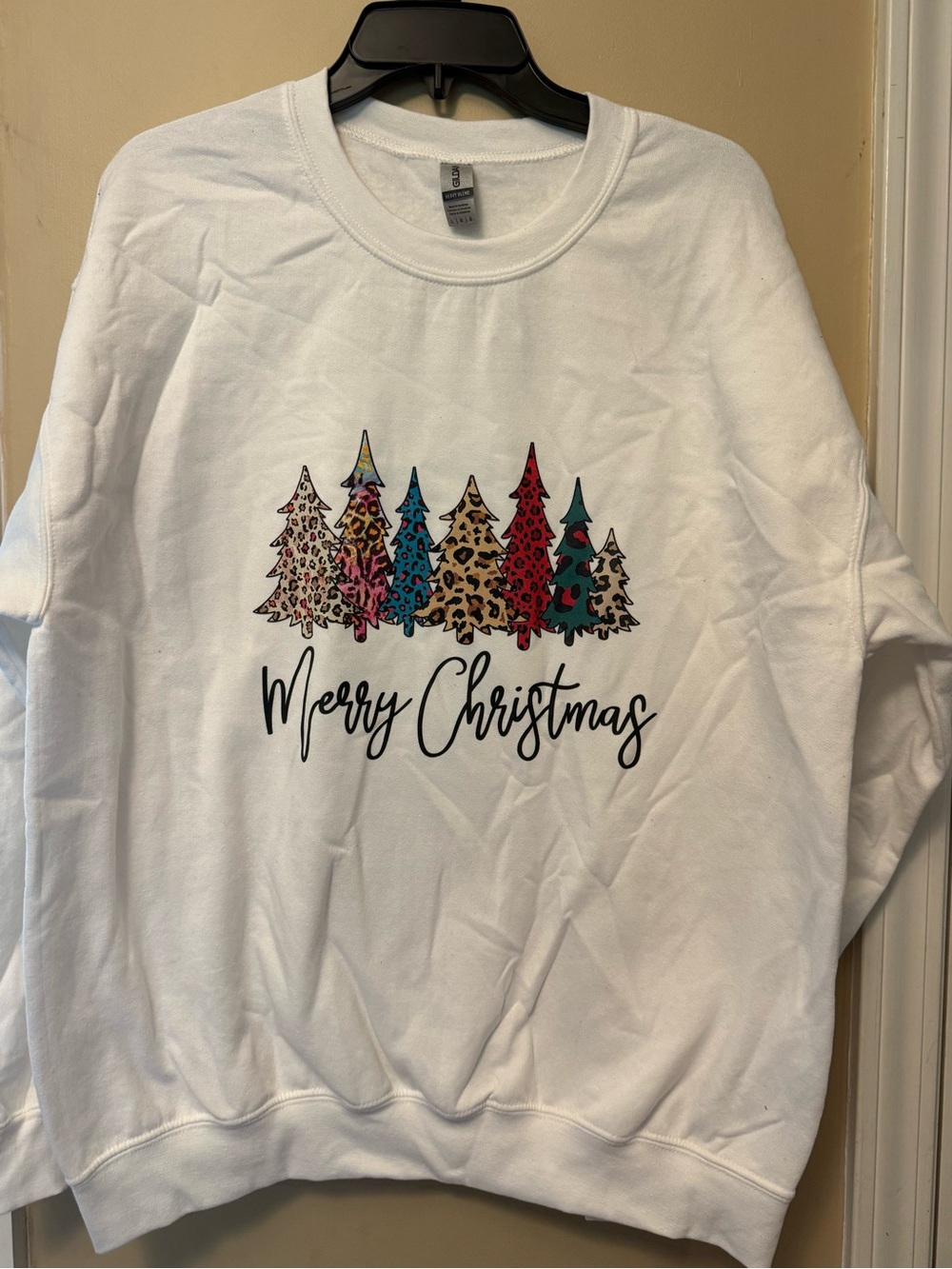 Gildan White Sweatshirt with Colorful Leopard-Print Christmas Trees